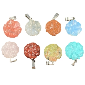 Collection of eight carved flower pendants in natural rose quartz, opal and turquoise