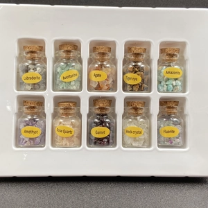 Set of 10 natural gemstone crystal chips in glass wishing bottles with cork and labels