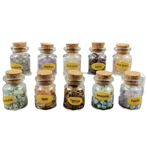 Set of 10 crystal healing stones in glass bottles with cork for teaching or home decor