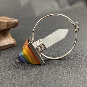 Chakra crystal pyramid pendant with hexagonal clear quartz and colorful stone layers