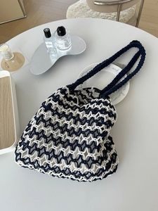 Women Handmade Woven Hollow Out Shoulder Bag Navy Blue White Contrast Color Polyester Cotton Tote Beach Vacation Bag