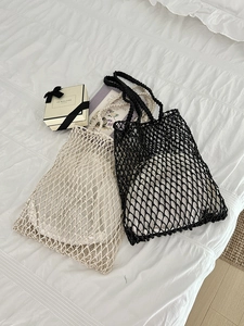 Damen Handgewebte Baumwolle Netztasche Aushöhlen Häkeln Tragetasche Umhängetasche Mit Innentasche Sommer Strand Urlaub Einkaufstasche