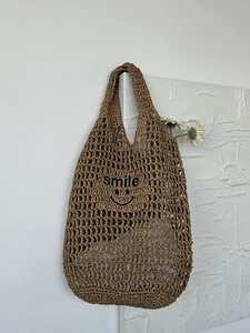 Women Straw Woven Shoulder Bag Hollow Out Crochet Tote Bag Smile Embroidery Summer Beach Handbag Casual Vacation Purse