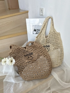 Handmade crochet straw tote bags with smile embroidery for summer beach travel