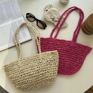 Women Straw Tote Bag Handwoven Paper Straw Hollow Out Summer Beach Vacation Minimalist Style Casual Handbag Shoulder Bag