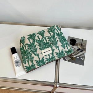 Linen cotton embroidery cosmetic bag with green pine pattern and brown zipper closure