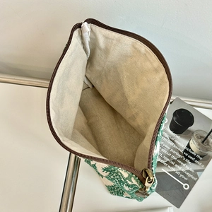 Linen cotton makeup bag with green pine tree embroidery and large storage space