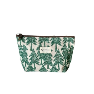 Minimalist embroidered cotton canvas cosmetic bag with green pine tree pattern and zipper