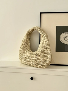 Handmade woven hobo cloud shoulder bag for women in cream beige with textured crochet