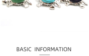 Detail of tortoise brooches with natural stone inlays in green, blue, and purple colors
