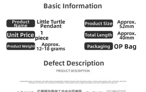Detailed chart showing natural stone turtle pendant size 52mm and weight 12-18 grams