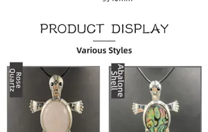 Macro view of turtle pendant featuring pink quartz, abalone shell and silver metal details