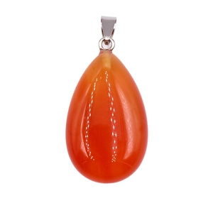 Polished red agate water drop pendant with silver clasp on a white background