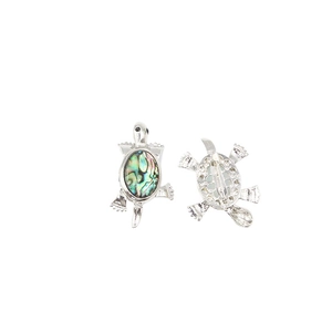 Detailed front and back view of a silver turtle brooch with colorful abalone shell inlay