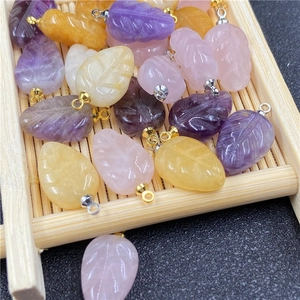 Natural Amethyst Rose Quartz Yellow Jade Carved Leaf Shape Pendant Only Without Chain For DIY Jewelry Making Necklace Accessories