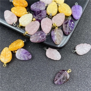 Leaf shaped natural amethyst and rose quartz pendants with engraved veins and metal clasps