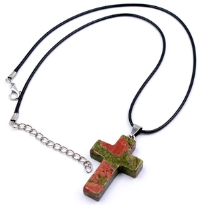 Natural green unakite crystal cross pendant with adjustable black cord necklace