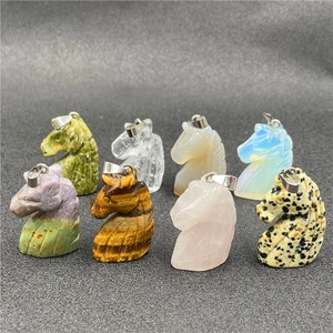 Tiger Eye and multi-material crystal unicorn horse head pendants with silver metal clasps