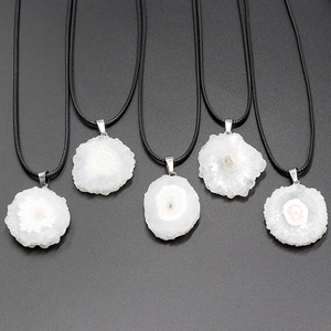 Unique natural solar flower agate crystal pendants with black cord and metal clasp