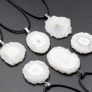 Natural solar quartz slice pendants with crystal druzy texture on black necklace cords
