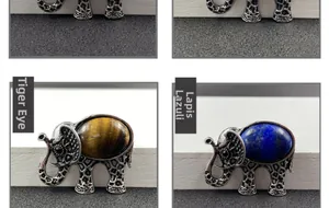 Détail de pendentifs éléphant avec pierres de cristal œil de tigre et lapis-lazuli