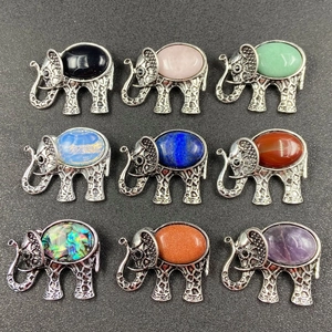 Éléphant Pendentif Broche Rétro Alliage Améthyste Aventurine Lapis-lazuli Gemme Incrustation Bijoux Pour Femmes