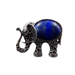 Pendentif éléphant rétro avec pierre lapis-lazuli bleue et métal finition argent