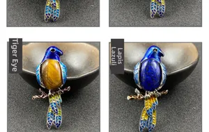 Exquisite magpie brooches featuring tiger eye stone and lapis lazuli in cloisonné enamel