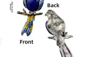 Dual-use colorful parrot pendant brooch with blue stone, showing front and back views