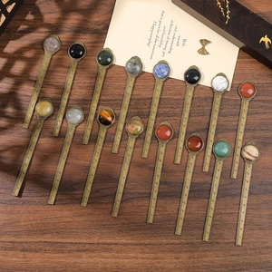 Set of 16 vintage bronze metal ruler bookmarks with various natural crystal gemstones