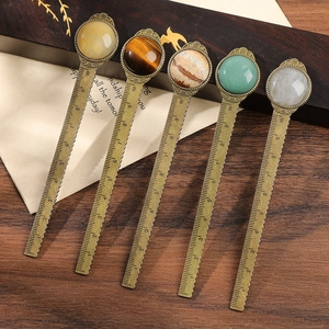 Vintage bronze alloy ruler bookmark set with five colorful natural crystal gemstones