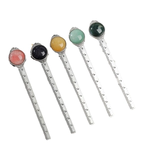 Five-piece set of vintage silver metal ruler bookmarks with colorful round gemstone inlays