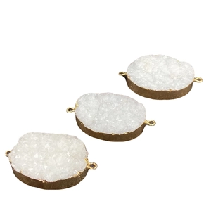 White crystal druzy geode pendant with gold plating and double connectors for jewelry making