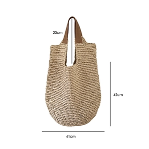 Detailed dimensions of a beige woven straw bag with brown faux leather handles