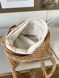 Handwoven floral pattern cotton bag with inner drawstring pouch and large opening capacity