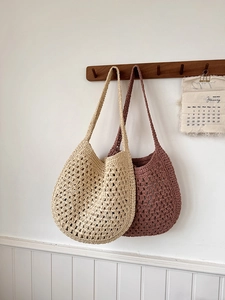 Sacs cabas en paille au crochet français beige et rose poudré avec motif ajouré