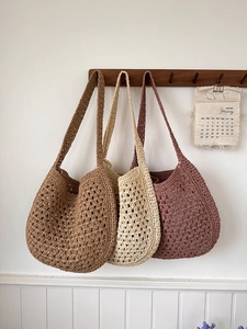 Sac À Bandoulière En Paille De Papier Tressé Crochet Évidé Grande Capacité Fourre-Tout De Plage Pour Femmes Style Français