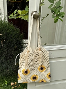 Handmade Crochet Shoulder Bag Sunflower Pattern Hollow Woven Cotton Polyester Tassel Bohemian Beach Tote For Women