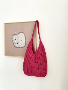 Handmade rose red crochet hobo bag with hollow wave knit pattern for summer beach vacations