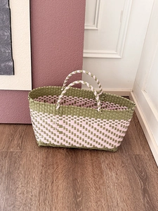 Handmade woven tote bag with pink and green checkered pattern and double handles