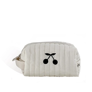 Portable white quilted cotton makeup bag with black cherry embroidery and side strap