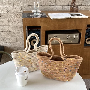Handmade Woven Cotton Rope Handbag Colorful Rainbow Pom Poms Polka Dots Mini Tote Summer Beach Vacation For Women
