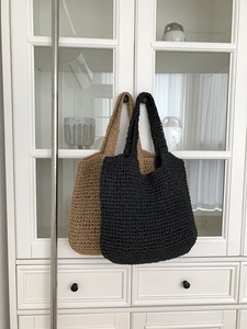Close-up of woven tote bags in khaki and black with intricate crochet texture