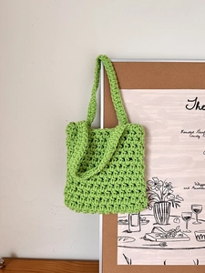 Bright green crochet hollow mesh tote bag for summer beach vacation and casual style