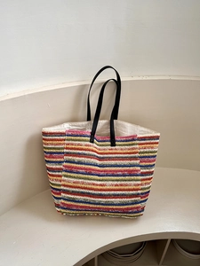 Colorful striped woven straw tote bag with large capacity and boho summer beach style