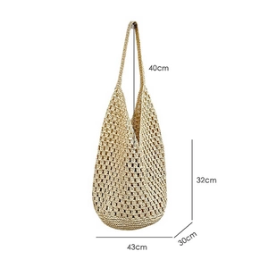 Detailed dimensions of beige straw tote bag showing 32cm height and 43cm width
