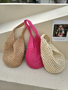 Detailed close-up of handmade hollow woven tote bags in khaki, rose and beige colors