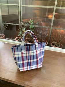 Close-up of red, white, and blue checkered woven canvas tote bag with durable handles