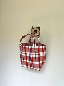 Large striped canvas tote bag in red, white and blue lattice pattern for daily commuting