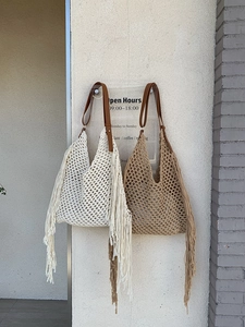 Bohemian Shoulder Bag Hollow Woven Cotton Tote With Long Tassels Vacation Style For Women Retro Summer Large Capacity